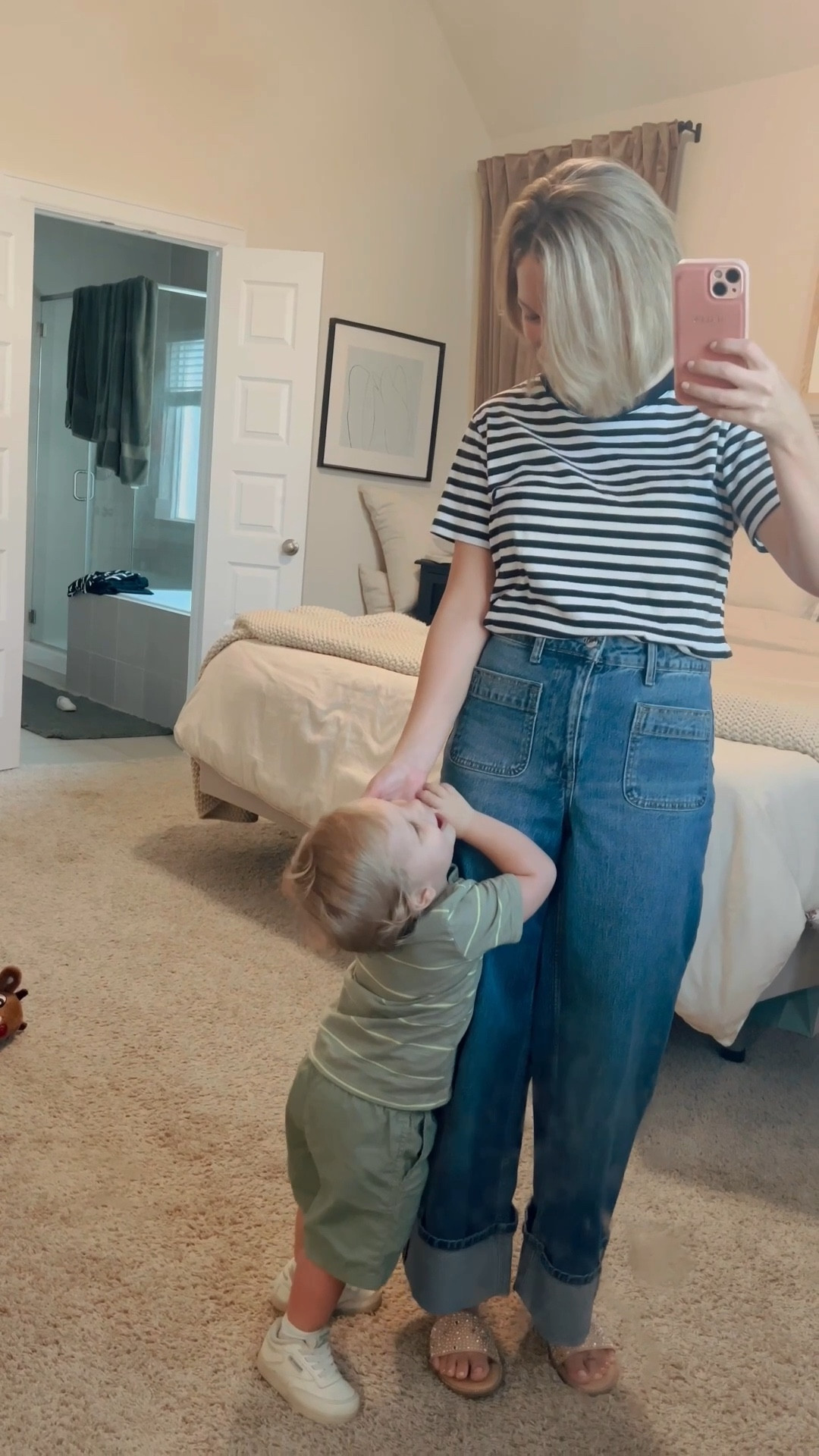 Walmart Style. 

Wearing XS in shirt & 4 in jeans. 
He’s wearing 3T in both  