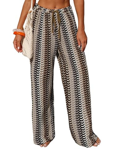 ZAFUL Womens Beach Cover Up Pants Sexy Crochet Drawstring Elastic Boho Swimsuit Cover Up Long Pants Beach Wear Brown L | Amazon (US)