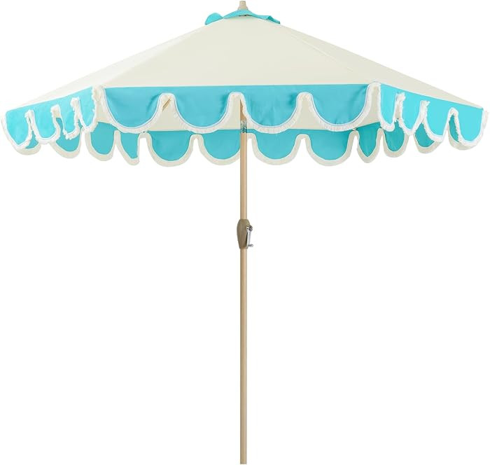 Tempera 9ft Scalloped Beige Spliced Blue Patio Umbrellas with Fringe, Market Umbrellas with Water... | Amazon (US)