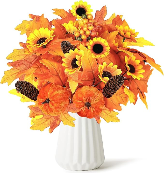 Artmag 2PCS Fall Artificial Flowers Decoration Maple Leaf Stem Pumpkin Branch Sunflower and Berri... | Amazon (US)