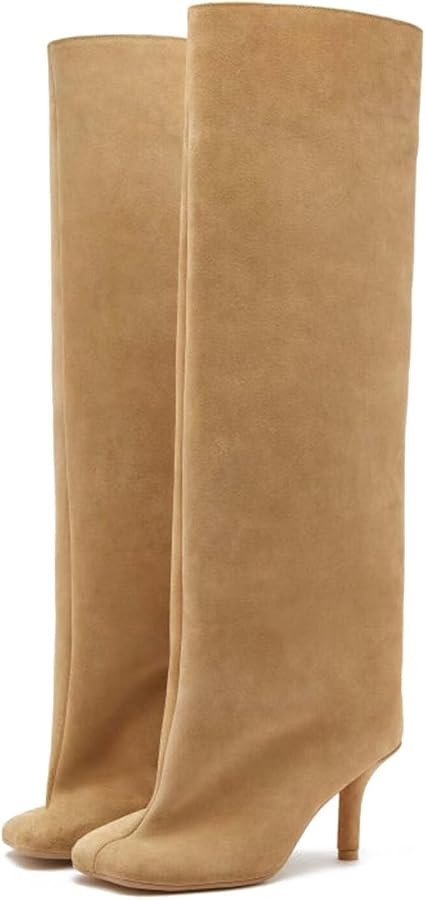 Camel Suede Knee High Boots for Women Slip On Heeled Boots Ladies Square Toe Wide Calf Stiletto H... | Amazon (US)