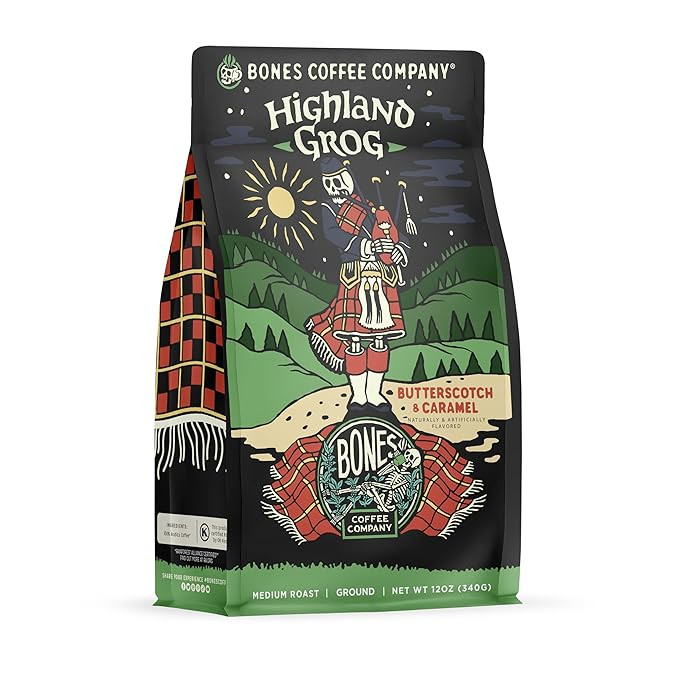 Bones Coffee Company Highland Grog Ground Coffee Beans, Butterscotch Caramel Flavor, Low Acid Fla... | Amazon (US)
