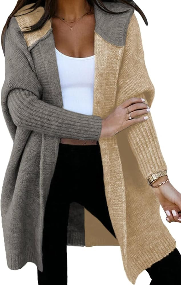 Astylish Women 2025 Fall Outfits Open Front Long Sleeve Hooded Knit Cardigan Sweaters Color Block... | Amazon (US)