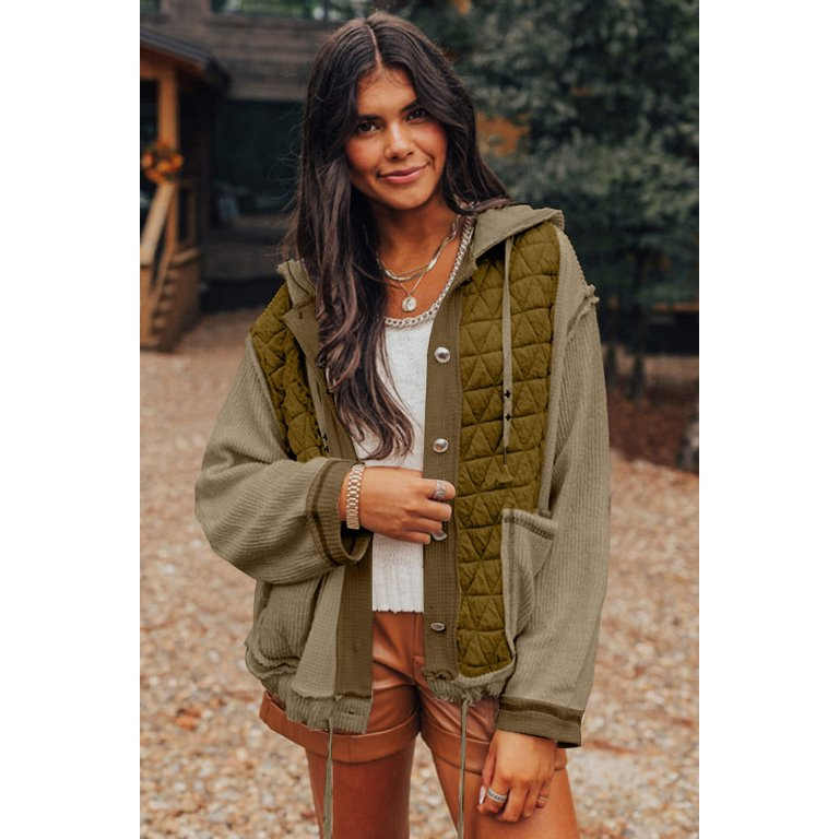 Jungle Green Quilted Textured Patchwork Hooded Jacket | Walmart (US)