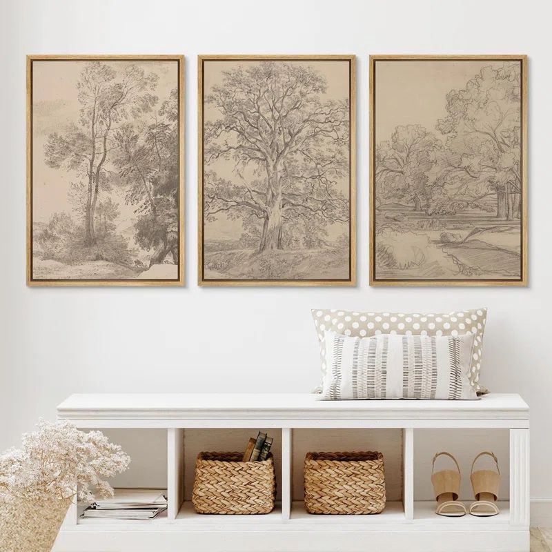 Vintage Forest Tree Sketch Rustic Countryside Landscape Picture Framed Canvas 3 Piece Print Wall ... | Wayfair North America