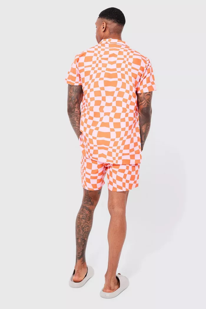 Short Sleeve Checkerboard Shirt And Swim Set | Boohoo.com (US & CA)