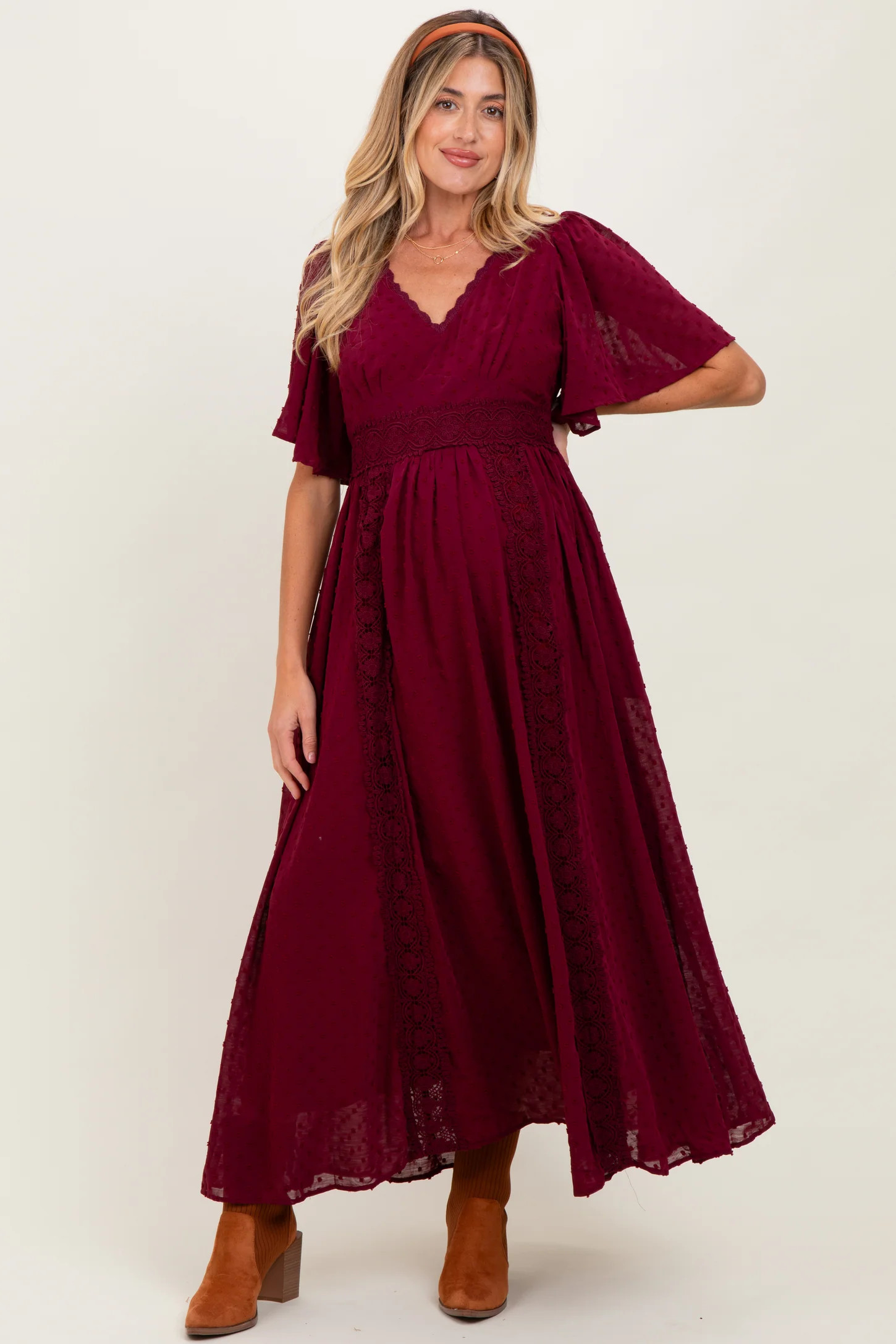 Burgundy Swiss Dot Crochet Lace Accent Maternity Maxi Dress | PinkBlush Maternity