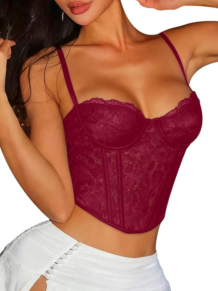 Corset Tops for Women Sexy Mesh Sheer Lace Bustier Corset Top with Underwired Going Out Party Clu... | Amazon (US)