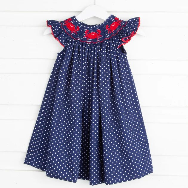 Crab Smocked Dress Navy and White Dot | Classic Whimsy