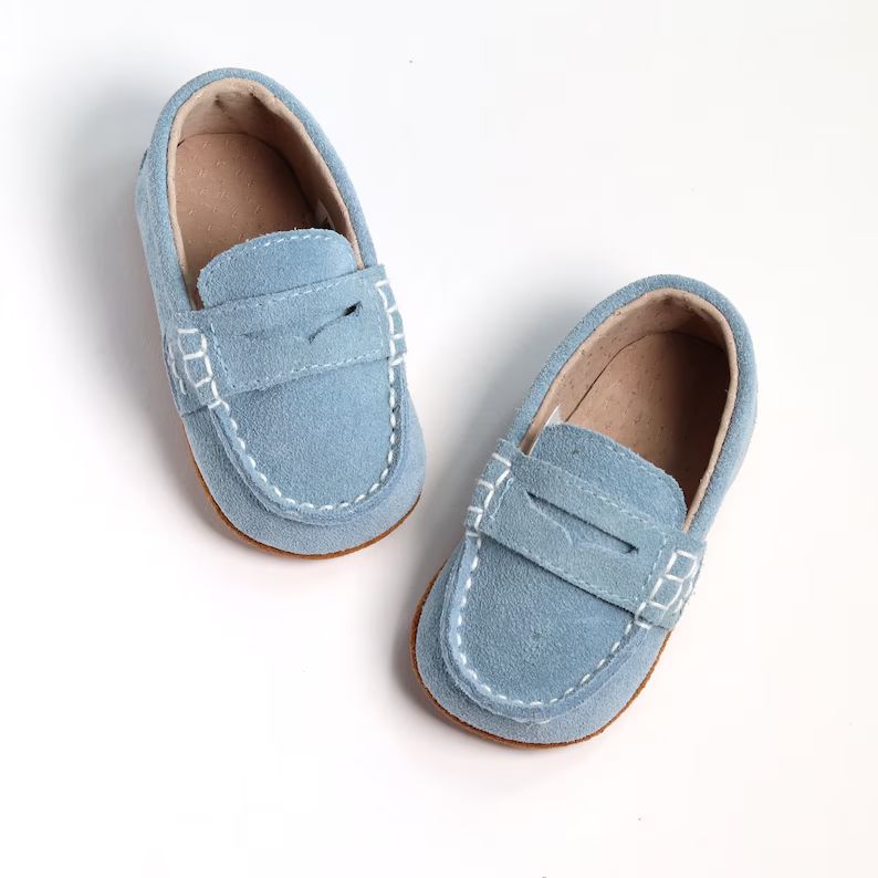 Baby Toddler Boy Pale Blue Suede Leather Loafers Moccasins | Etsy | Etsy (US)