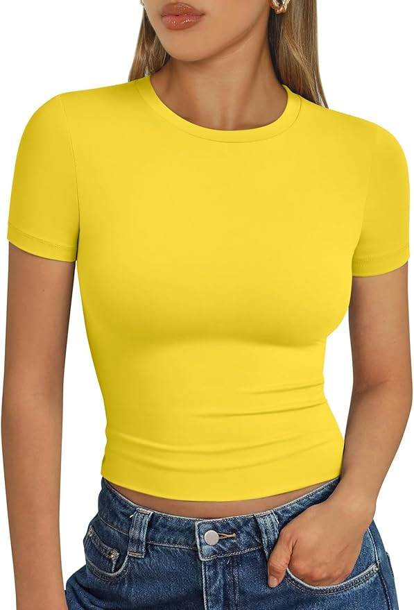 Trendy Queen Womens Basic T Shirts Summer Tops 2025 Short Sleeve Crop Tops Slim Fit Gym Workout Y... | Amazon (US)