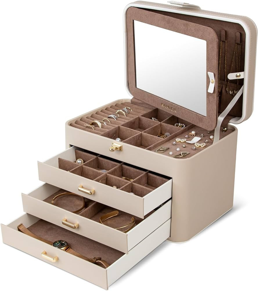 KAMIER Jewelry Organizer Box,4-Layer Jewelry Box for Women with Lock and Mirror, Jewelry Storage ... | Amazon (US)
