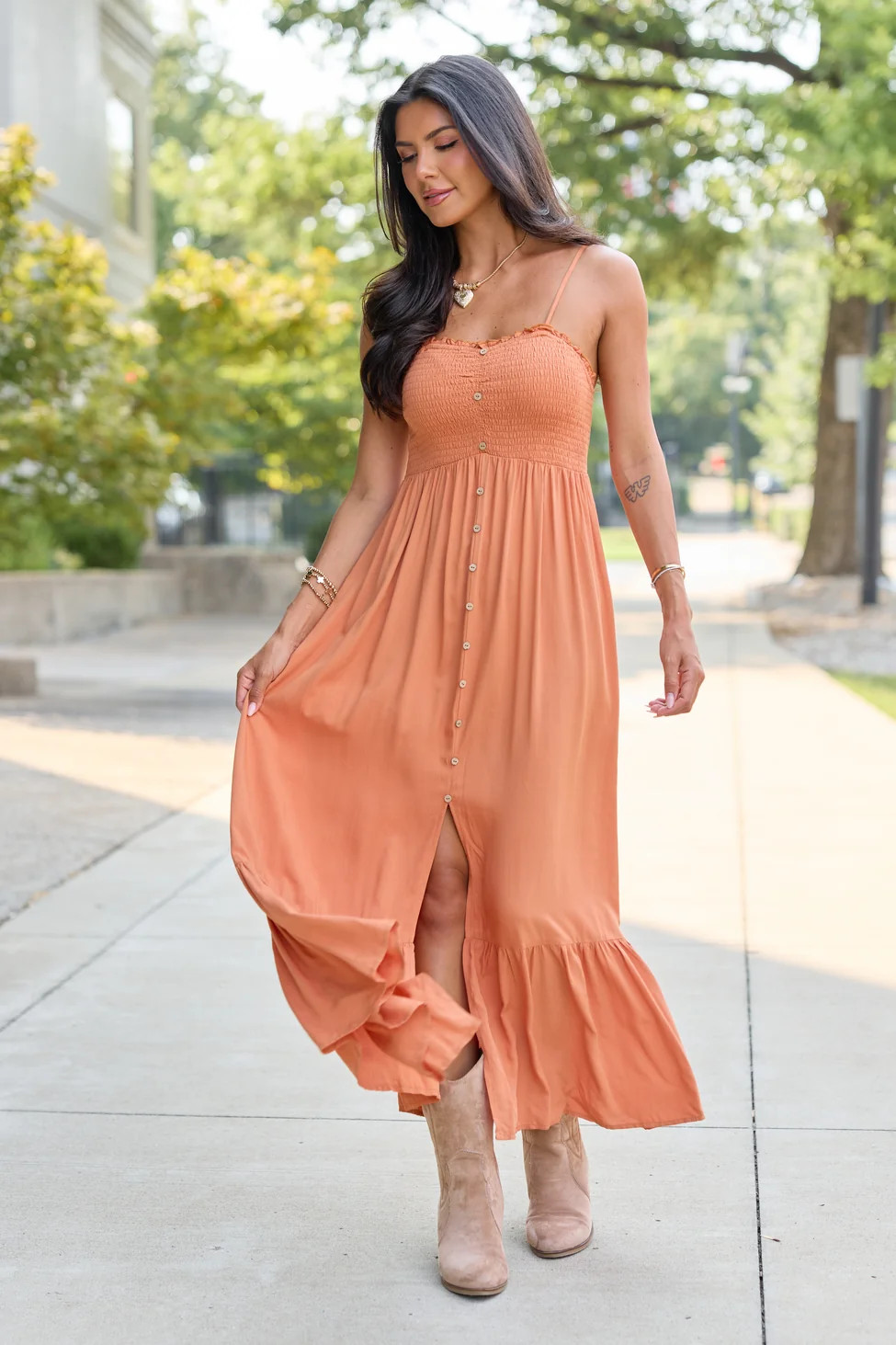 Blooming Beauty Solid Button Up Midi Dress Rust | Pink Lily