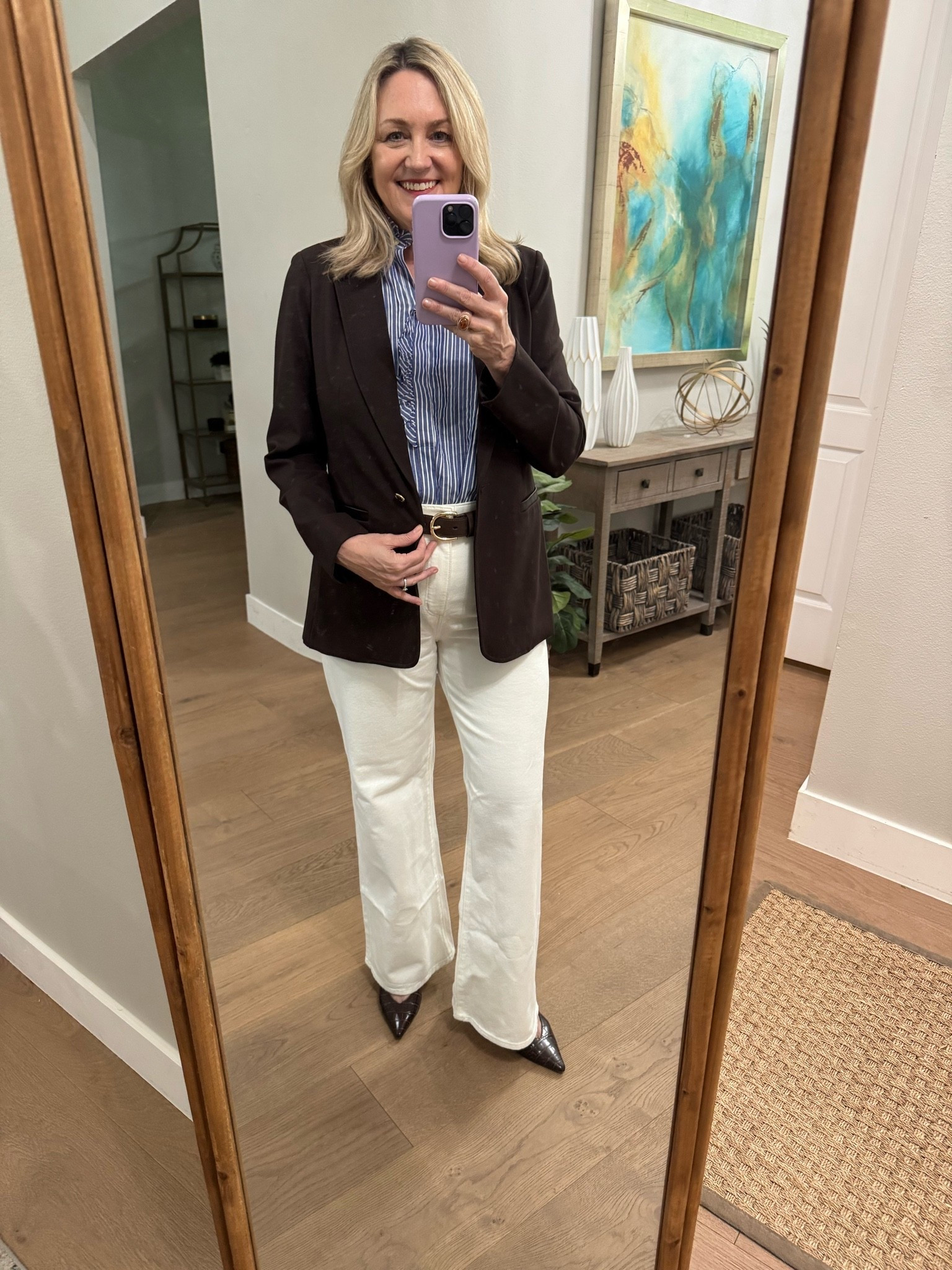 Ivory jeans for a business casual outfit

#LTKootd #LTKOver40 #LTKMidsize
