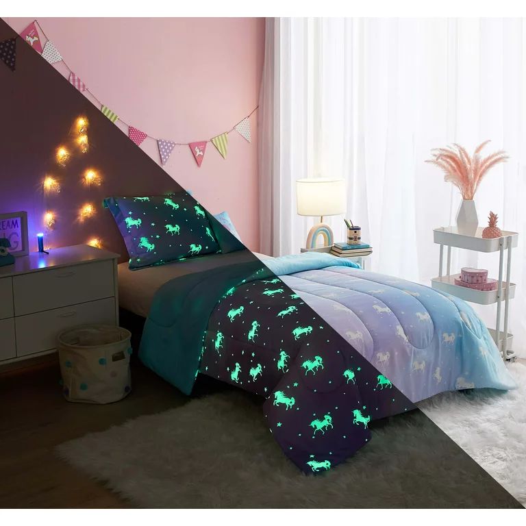 Your Zone Rainbow Unicorn 5 Piece Glow In the Dark Comforter Set with Bonus String Light, Full | Walmart (US)