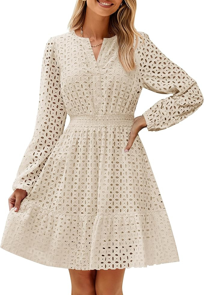 ZESICA Women's 2025 Long Sleeve Mini Dress Fall V Neck Hollow Out Eyelet Embroidery Ruffle A Line... | Amazon (US)