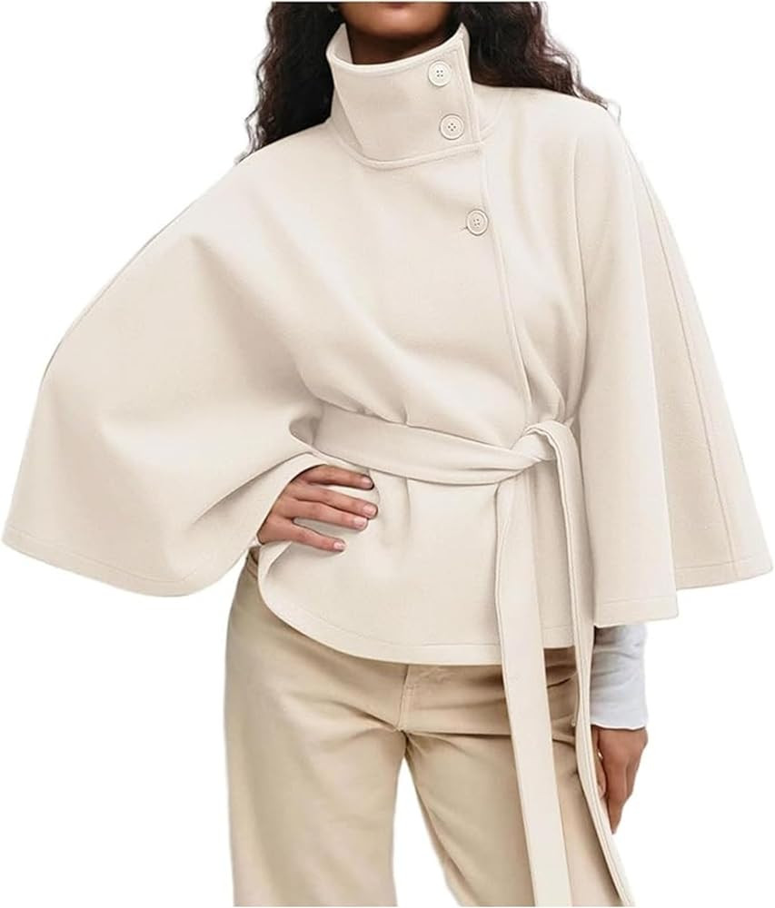 OPCAKM Women's Batwing Sleeve Poncho Coat Oversized Winter Pea Coat Stand Collar Cropped Cape Jac... | Amazon (US)
