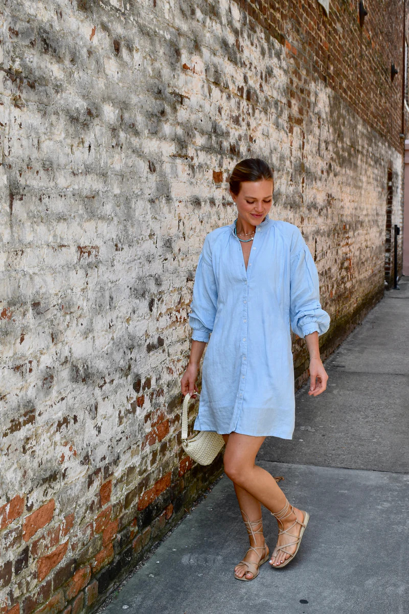Geneva Mini Dress Sky Blue Linen | Madison Mathews