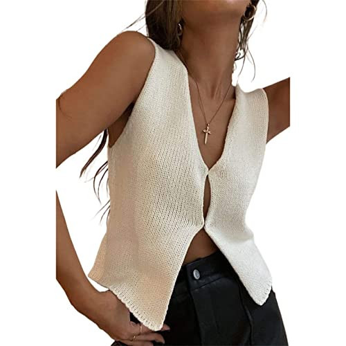 Women Y2k Crochet Knit Vest Top Button Down Tie Front Tops Crochet Sweater Vest V Neck Sleeveless Crop Top Vintage Streetwear | Amazon (US)