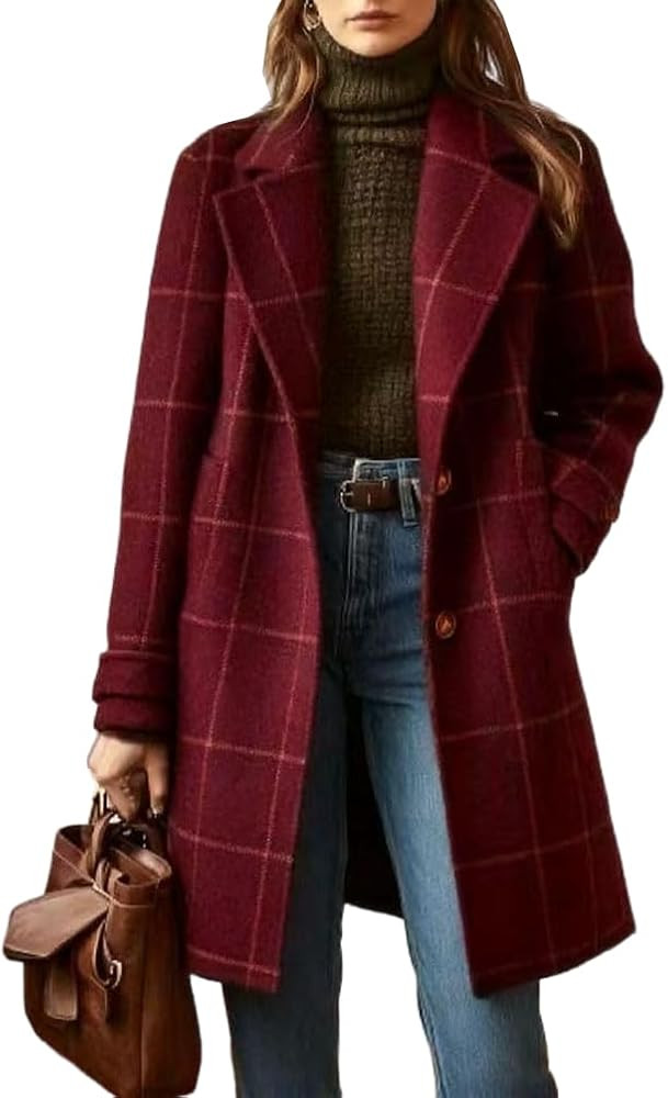 Long Plaid Wool Coats for Women Fall Winter Trench Coat Casual Blazer Jacket Peacoat Cardigan Ove... | Amazon (US)
