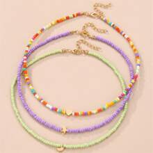 Three Bohemian Style Rice Bead Necklace Set The Color Of The Colored Rice Beads Is Random | SHEIN