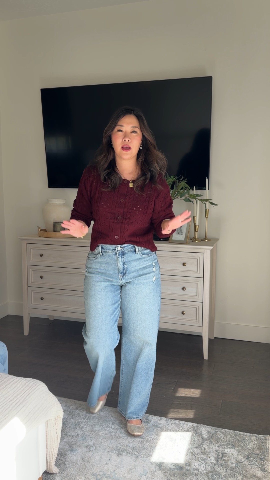 #WalmartPartner @WalmartStyle #WalmartStyle 
Burgundy Cardigan: Large
Wide Leg Denim: 8 