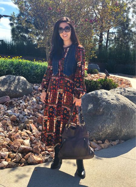 Channeling my inner bohemian in my patchwork midi dress with a denim vest. I would have worn heels but I opted for lace-up combat boots. To complete the look, I wore my brown leather hobo bag.

#LTKshoecrush #LTKSeasonal #LTKstyletip
