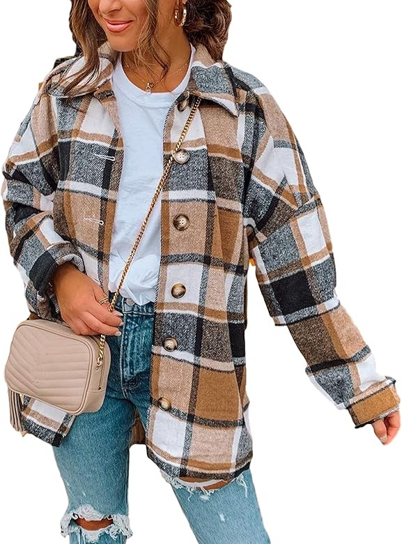 Yeokou Women's Fall Color Block Plaid Flannel Shacket Jacket Button Down Shirt Coat Tops（Khaki-... | Amazon (US)
