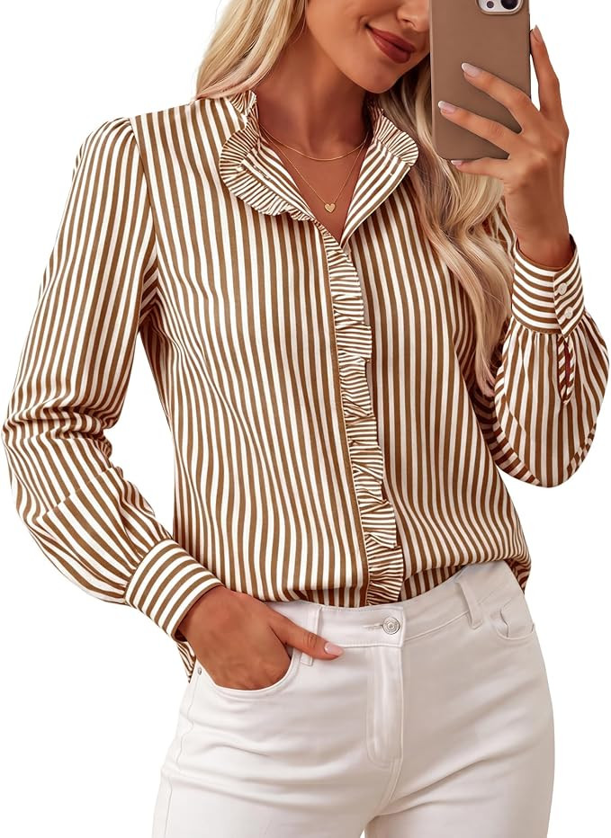 GRACE KARIN Women Dressy Casual Tops Striped Button Down Shirt | Cotton Work Tops Business Outfit... | Amazon (US)