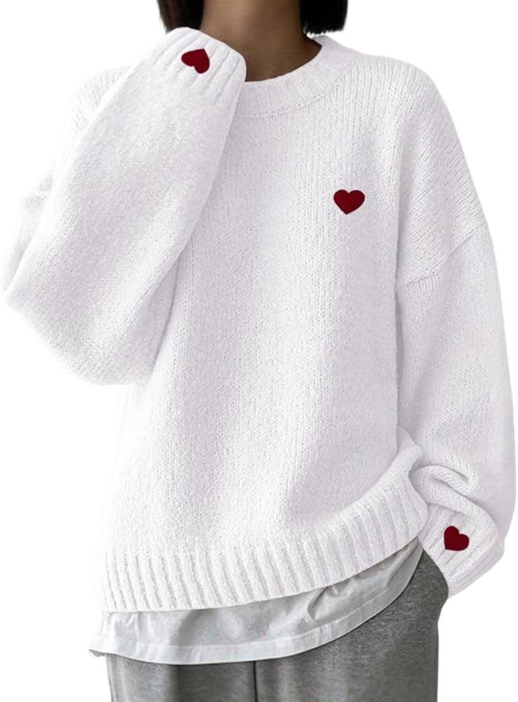 Women's Red Heart Print Sweater Casual Loose Fit Knitted Pullover Trendy Fashion Winter Crew Neck... | Amazon (US)
