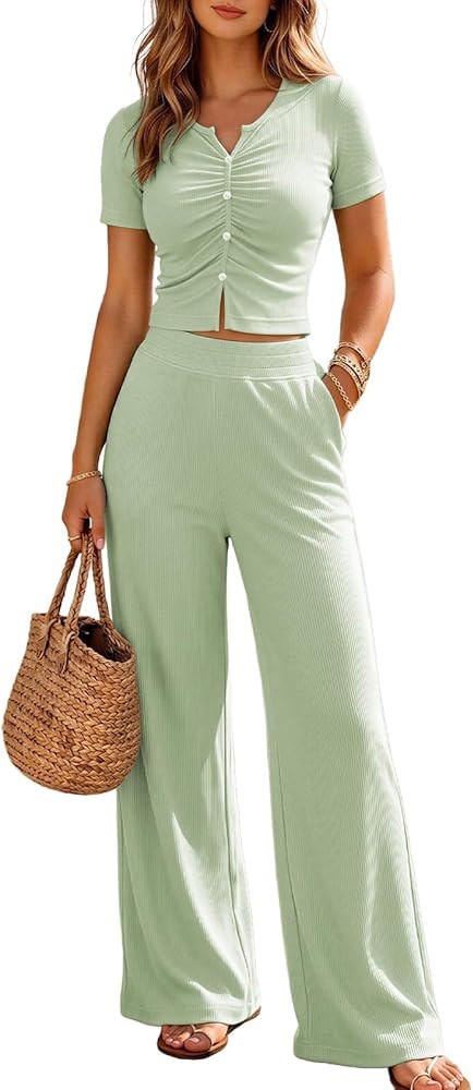 Outfeel Women's 2 Piece Lounge Set Knit Button Ruched Short Sleeve Crop Top Wide Leg Pants with P... | Amazon (US)