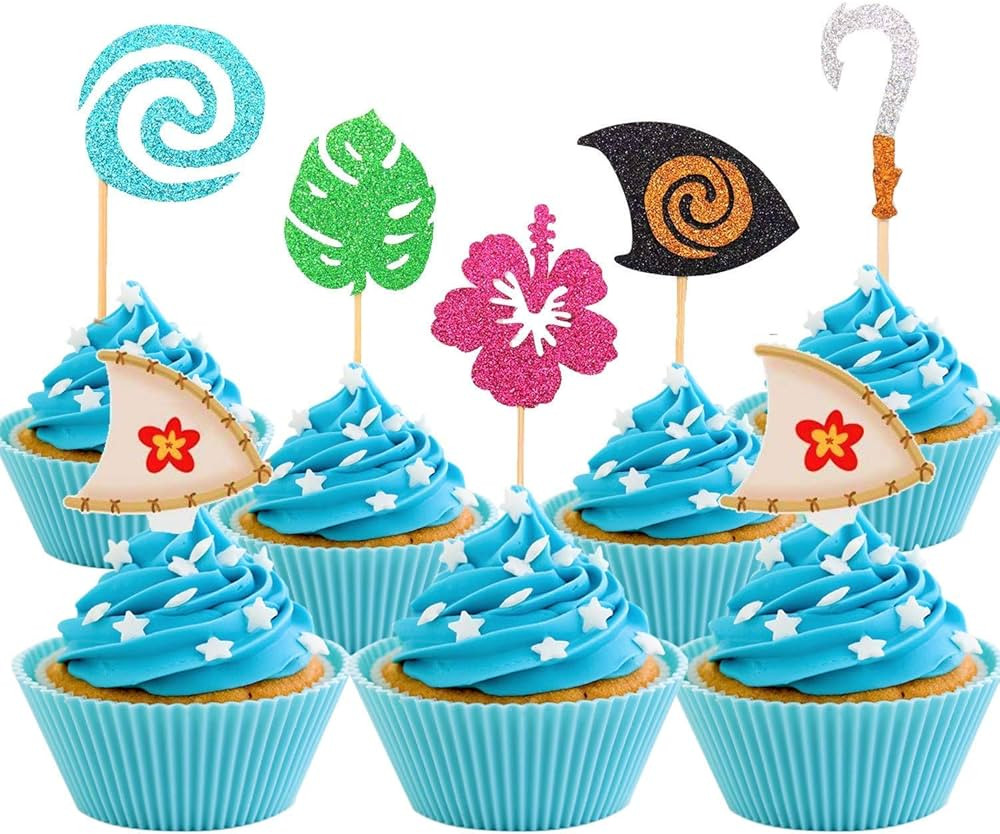 JeVenis 30 Pcs Glittery Moana Inspired Cupcake Toppers Moana Cake Toppers Hawaiian Birthday Party... | Amazon (US)
