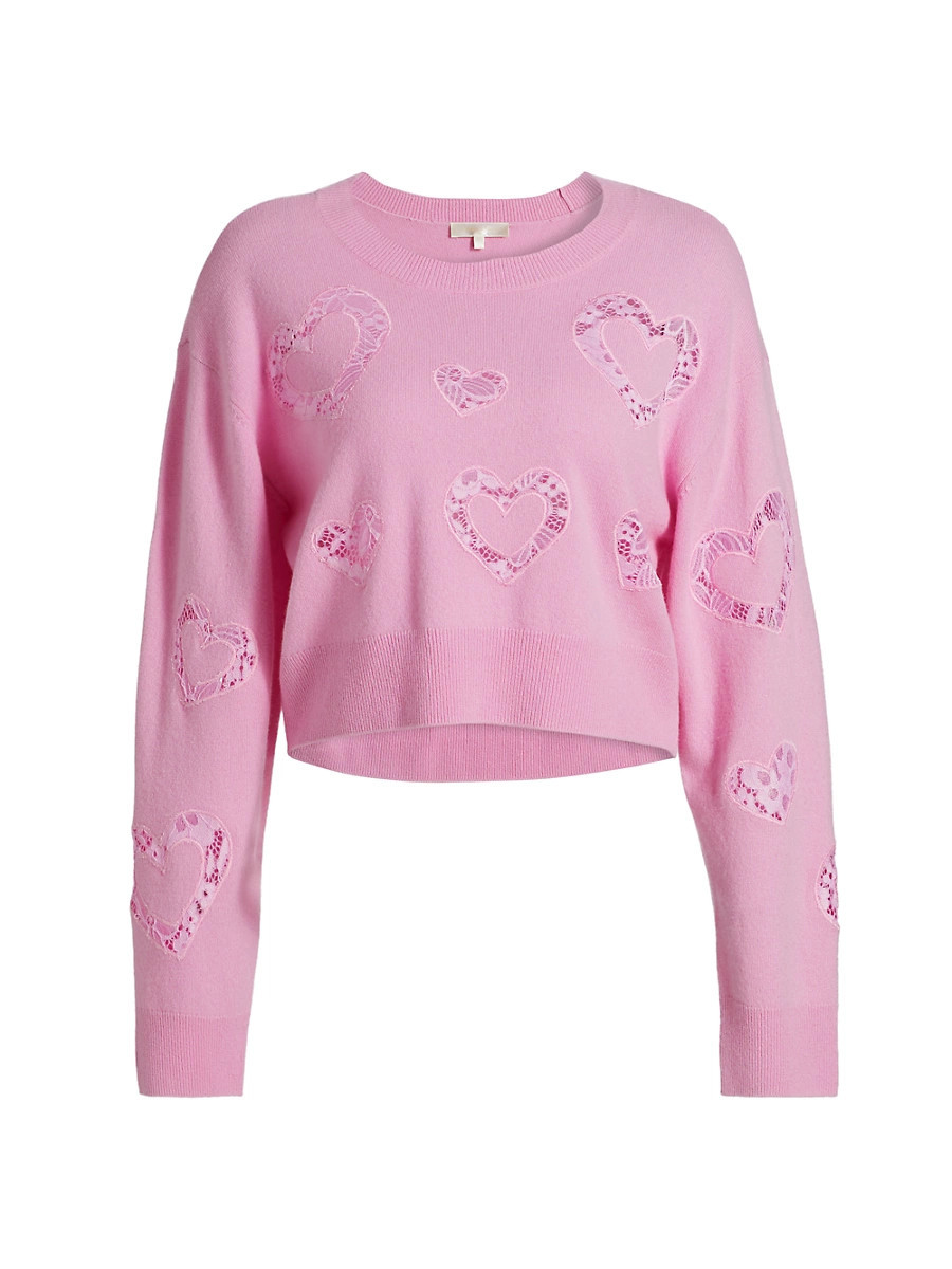 Women's Parson Wool & Cashmere Lace-Trim Heart Sweater - Heartfelt Pink - Size Large | Saks Fifth Avenue