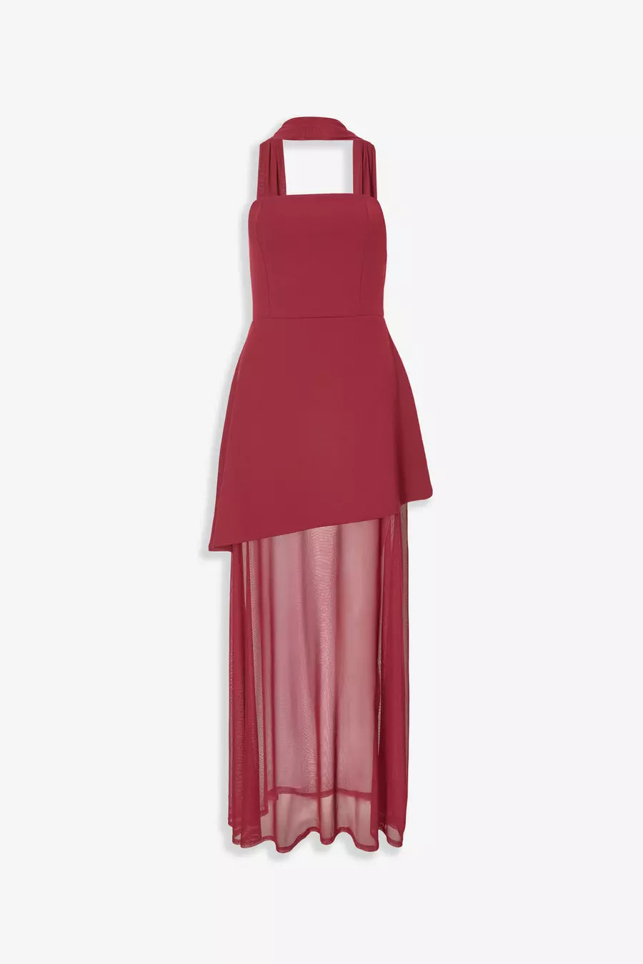 Home/Party/Burgundy Strapless Mesh Hem Maxi Dress | Quiz Clothing