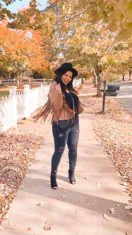 This Suede fringe Jacket is so fun for fall! This will make a perfect thanksgiving outfit or even to your next country concert! #distressedskinnyjeans #suedefringejacket #fedorahat

#LTKGiftGuide #LTKSeasonal #LTKunder50