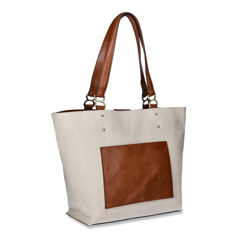 Time and Tru Women's Raya Canvas Tote Bag, Natural Cognac | Walmart (US)