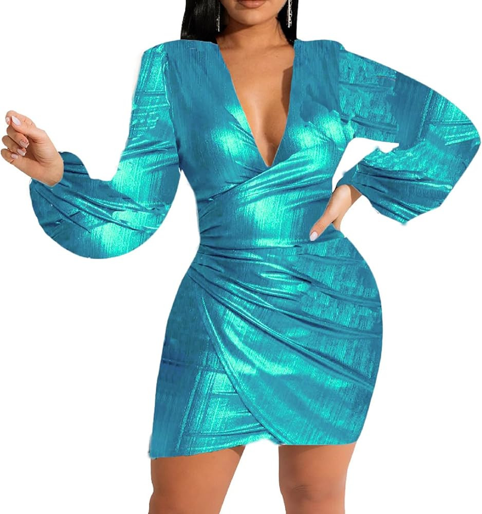 Women's Sexy V Neck Dresses Bodycon Long Sleeve Sparkly Breathable Pencil Dress Slim Fit for Part... | Amazon (US)