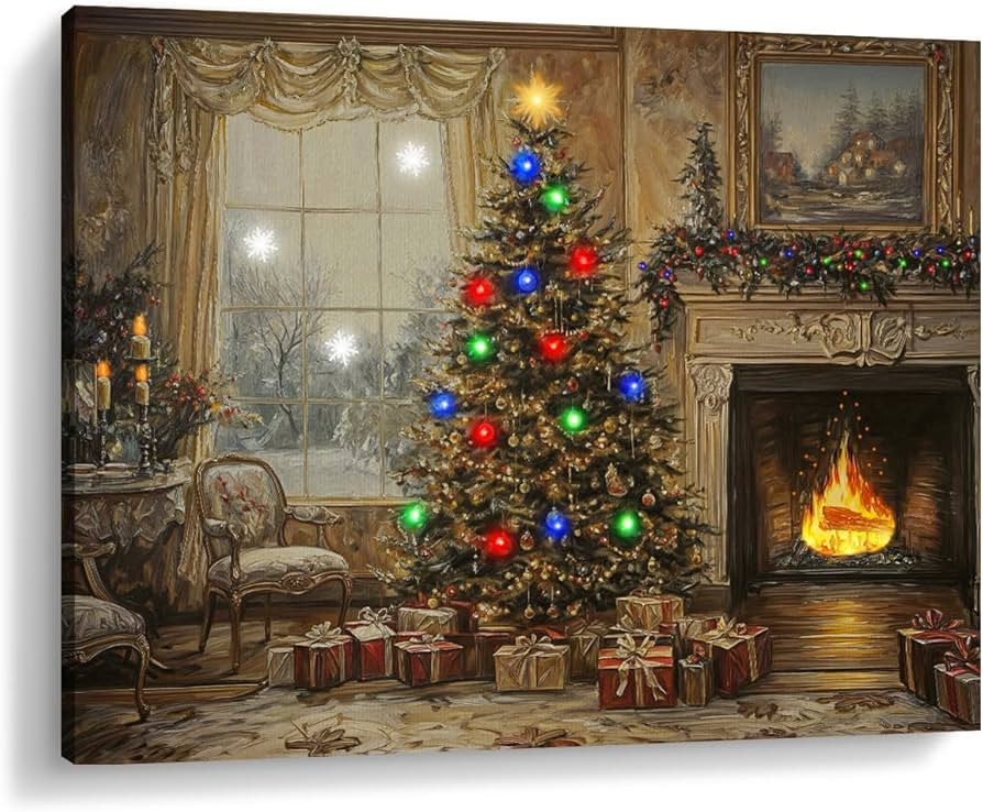 Artiluxy Christmas LED Canvas Wall Art – 24x18in Lighted Christmas Tree with Fireplace Scene, B... | Amazon (US)
