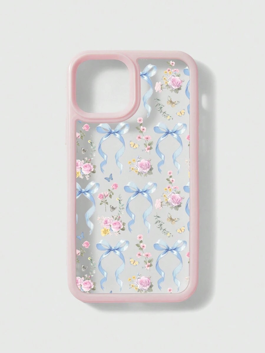 ROMWE Kawaii 1pc Elegant Blue Bow Floral Pattern White Smartphone Case | SHEIN