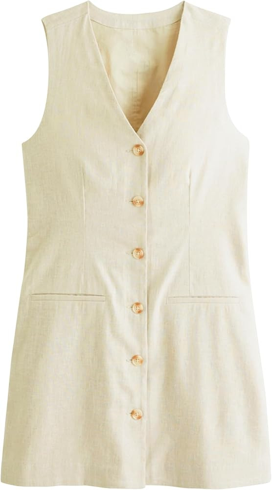 Womens Cotton Linen Vest Mini Dress Casual Button Down Sleeveless V Neck Tops with Pockets | Amazon (US)