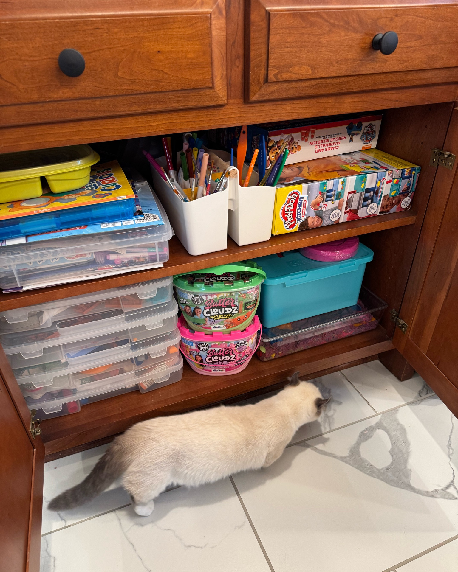 Craft organization in the kitchen cabinet! I love these plastic storage bins. It’s easy for our 4 year old to open herself and you can use them for so many craft supplies. We also use them for small toys and parts Around the house. 

Craft organization. Mom hacks. Home organization ideas. Arts and crafts organizers. Toddler activity station. Craft station. 

#LTKGiftGuide #LTKHome