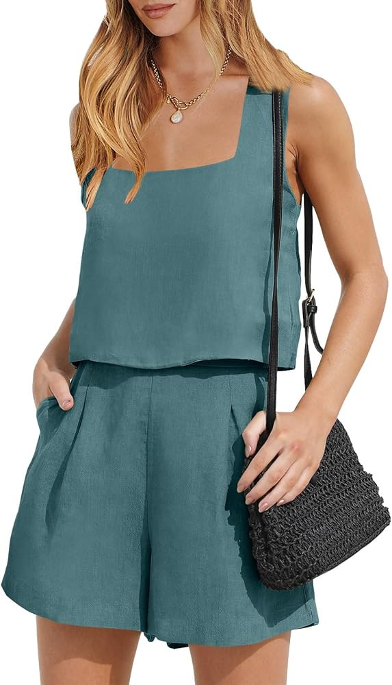 ANRABESS Womens 2 Piece Outfits Linen Square Neck Crop Short Set Lounge Matching Sets 2023 Trendy... | Amazon (US)