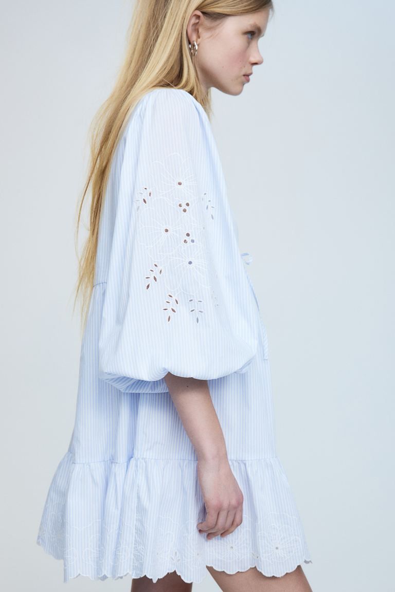 Balloon-sleeved Dress with Eyelet Embroidery - Light blue/striped - Ladies | H&M US | H&M (US + CA)
