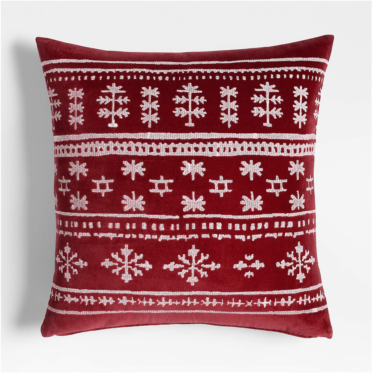 Fair Isle Embroidered Velvet 23"x23" Luminous Red Throw Pillow Cover | Crate & Barrel | Crate & Barrel