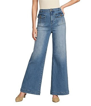 A Loves A Vintage Wash Denim High Rise Patch Pocket Wide Flare Jeans - 28 | Dillard's