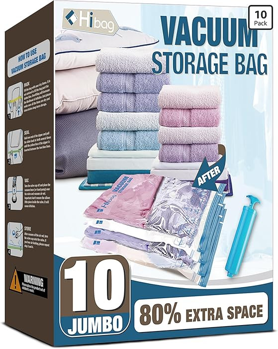 HIBAG Vacuum Storage Seal Bags, 10 Jumbo Space Saver Vacuum Sealer Bags for Clothes, Comforters, ... | Amazon (US)