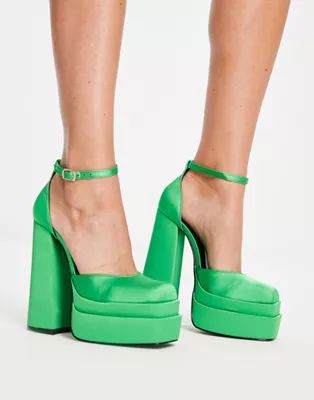 › Daisy Street Exclusive double platform heeled shoes in bright green satin | ASOS (Global)