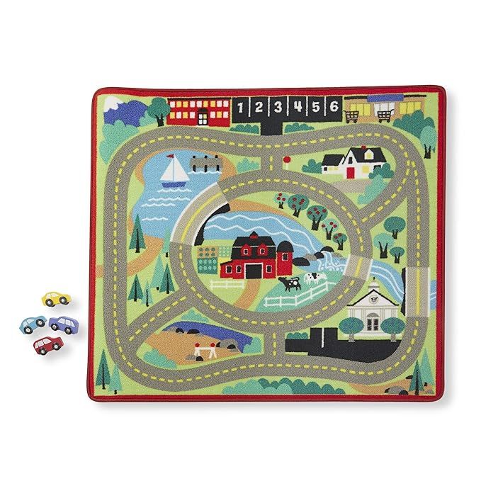 Melissa & Doug Round the Town Road Rug & Car Set (Cars & Trucks, Safe for All Floors, 4 Wooden Ca... | Amazon (US)