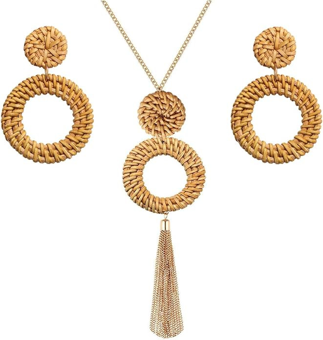 Long Necklace and Rattan Earrings Set for Women Handmade Long Tassel Rattan Necklace Wicker Earri... | Amazon (US)
