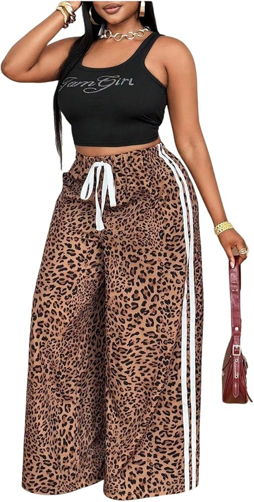 BEAUDRM Women's Plus Size Leopard Baggy Pants Y2k Stripe Cheetah Pants Tie Front Wide Leg Loose T... | Amazon (US)